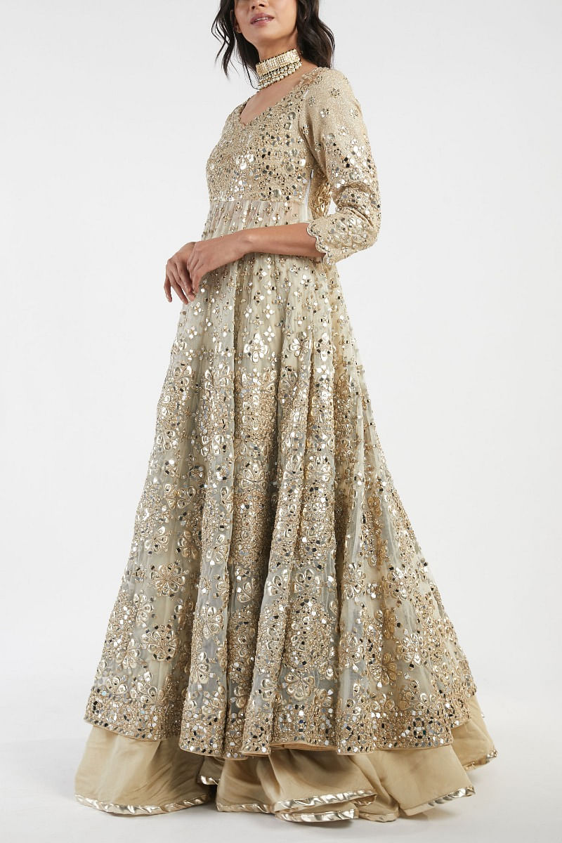Buy Beige and gold anarkali lehenga set by Abhinav Mishra at