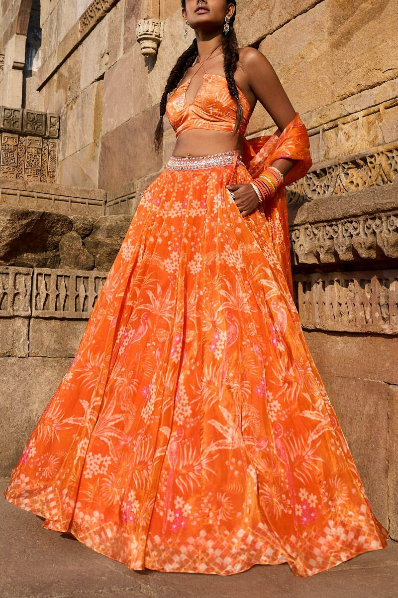 Buy Designer Sarees, Salwar Kameez, Kurtis & Tunic and Lehenga Choli.Appealing  Georgette & Net Dark Orange Lehenga Choli