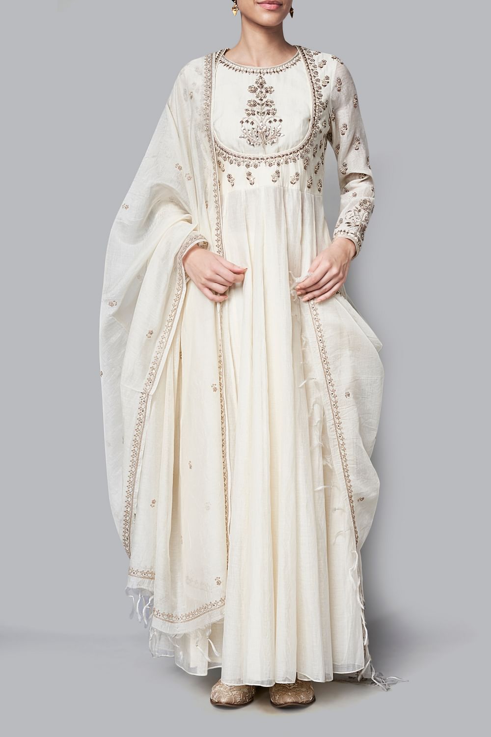 Buy Embroidered off white chanderi anarkali by Anita Dongre at