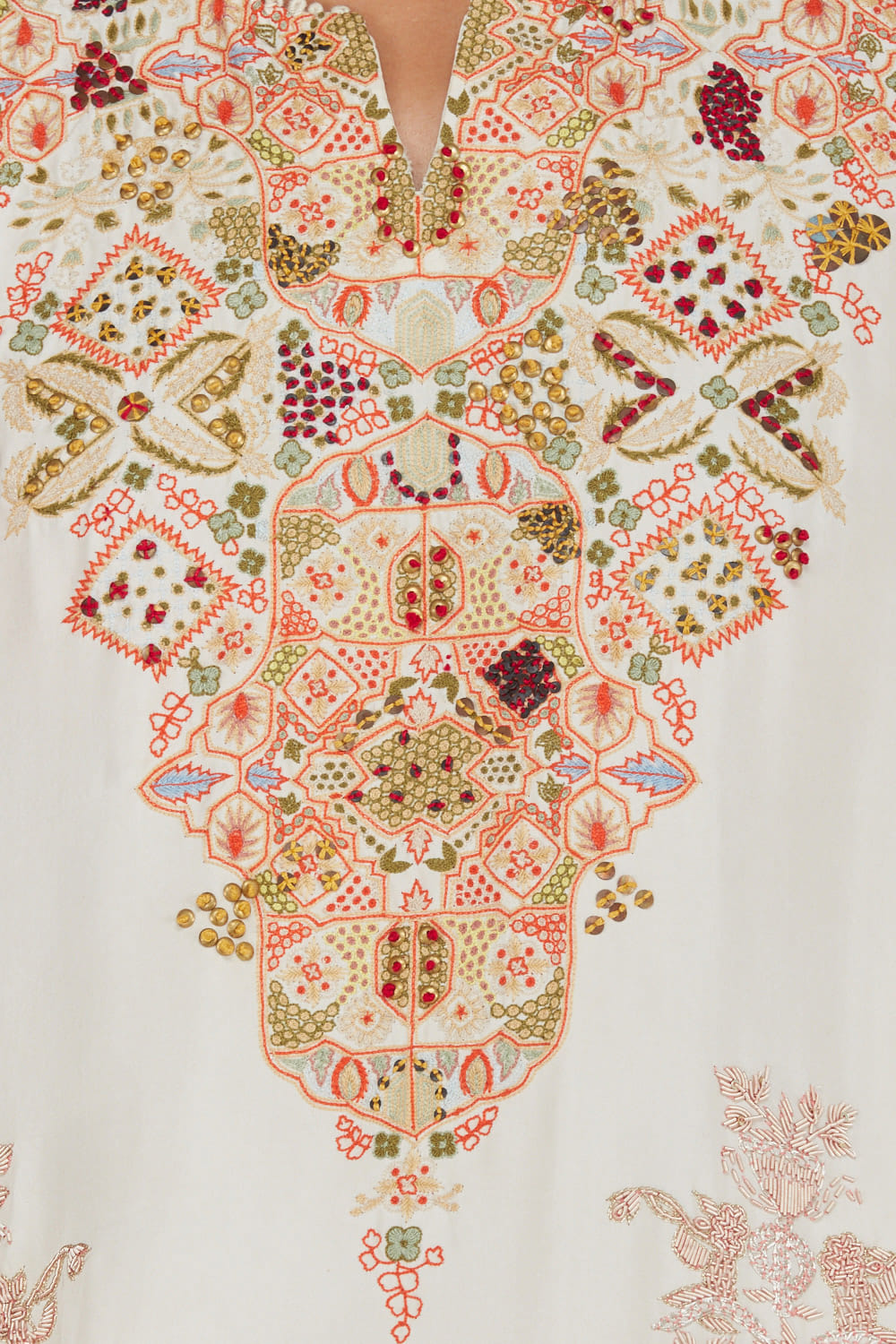 Ivory embroidered kaftan with lungi skirt by Anamika Khanna at AASHNI+CO.