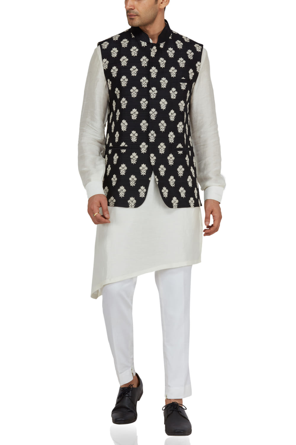 asymmetric kurta set with bandi jacket 