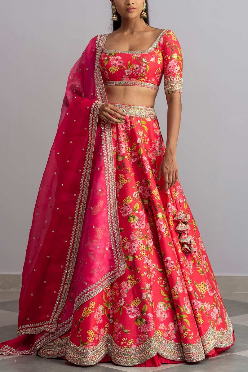 Anushree Reddy Bright Pink #Lehenga With Yellow Embroidered #Blouse &  Transparent Beige Dupatta. | Indian wedding outfits, Indian outfits, Lehenga  style