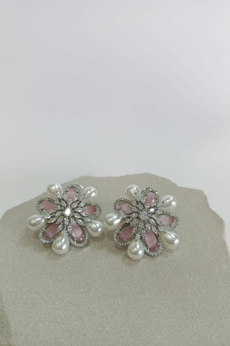 Buy Pink crystal and pearl studs by 7th Avenue Jewellery at Aashni