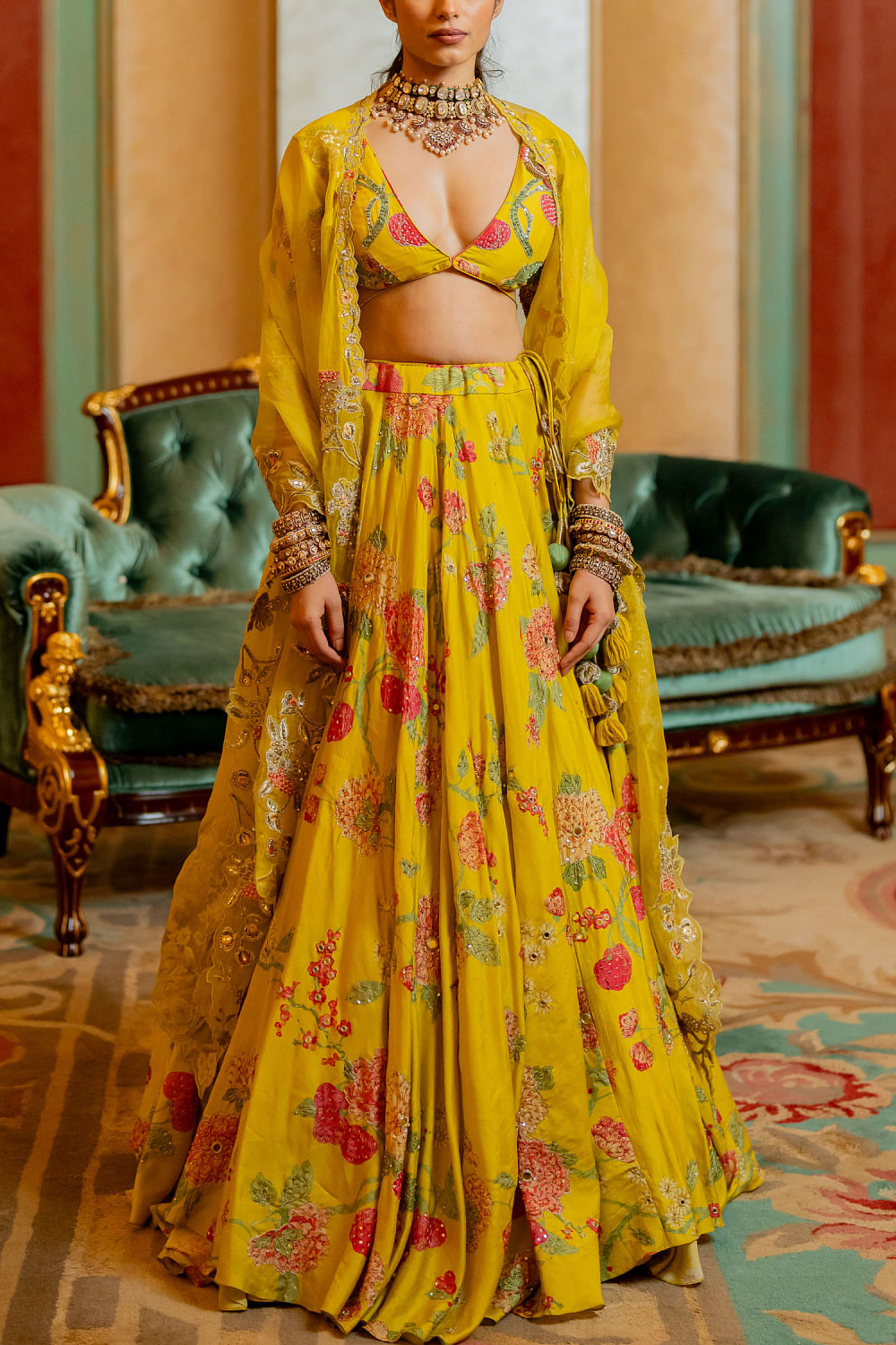 Buy Women Yellow Floral Print Lehenga Set With Embroidered Blouse And  Dupatt - Feed Luxe Lehenga - Indya