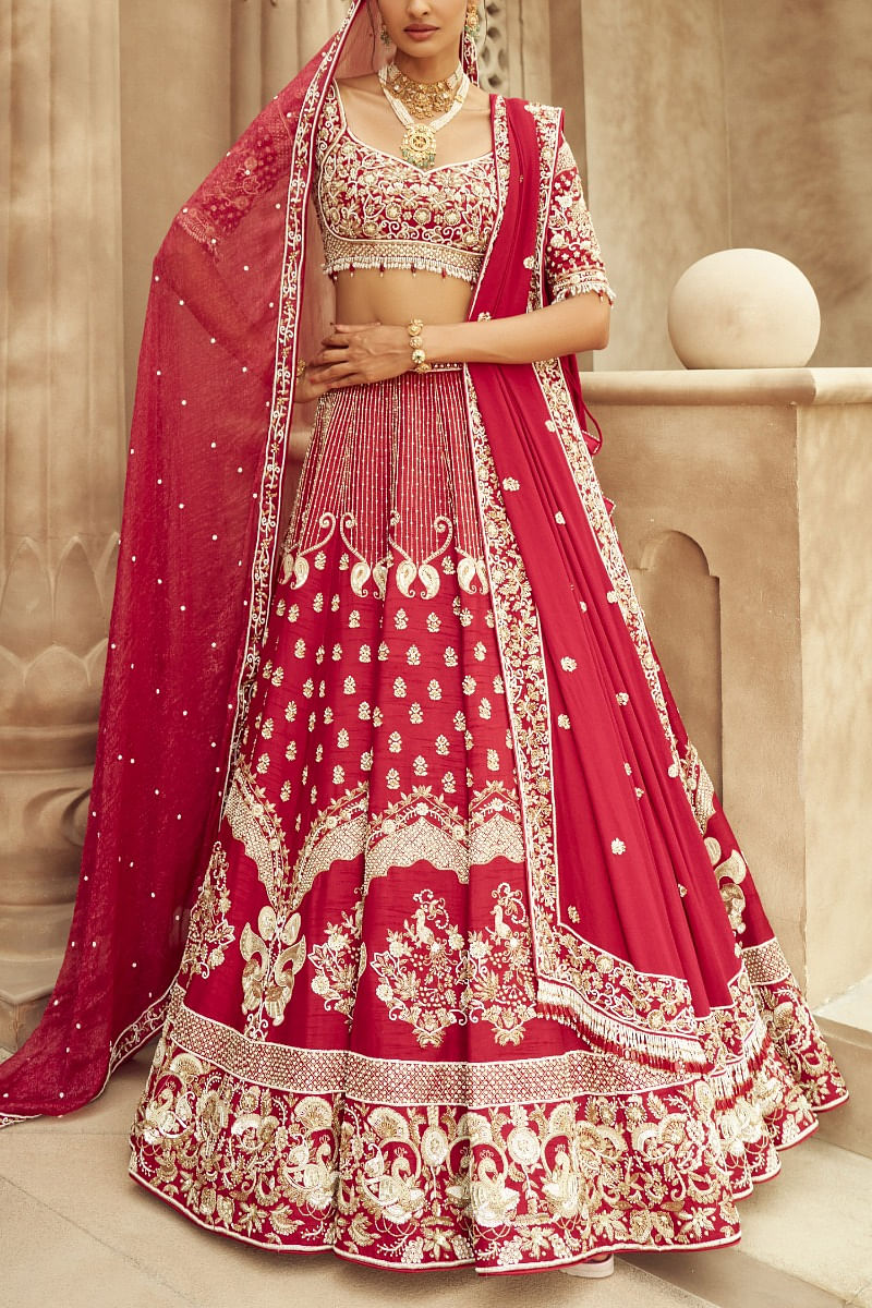 Buy Red sequin and cutdana embroidery lehenga set by Annu s