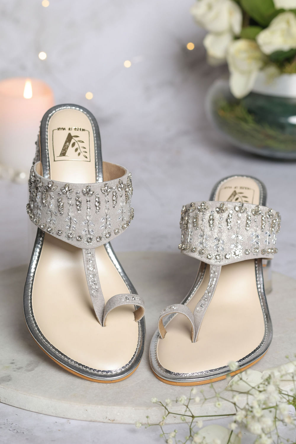 Nidhi Bhandari Embroidered Kolhapuri Block Heels | Gold, Faux Leather,  Beads | Bridal sandals heels, Fancy sandals, Indian shoes