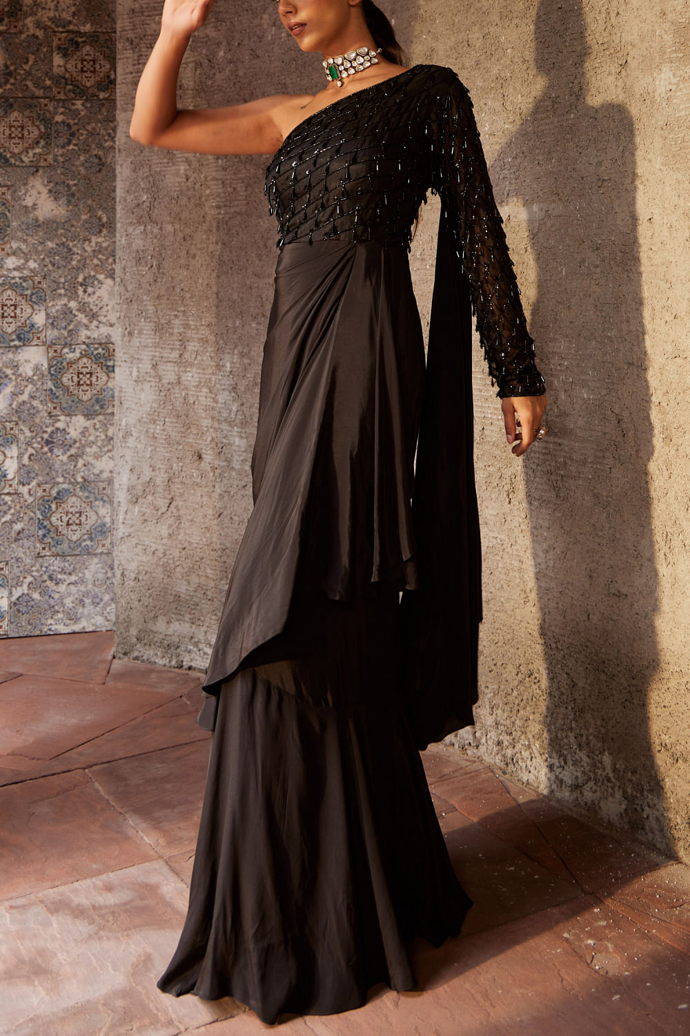 Applique One Shoulder Cape Gown by Amelia Couture 7048 – ABC Fashion