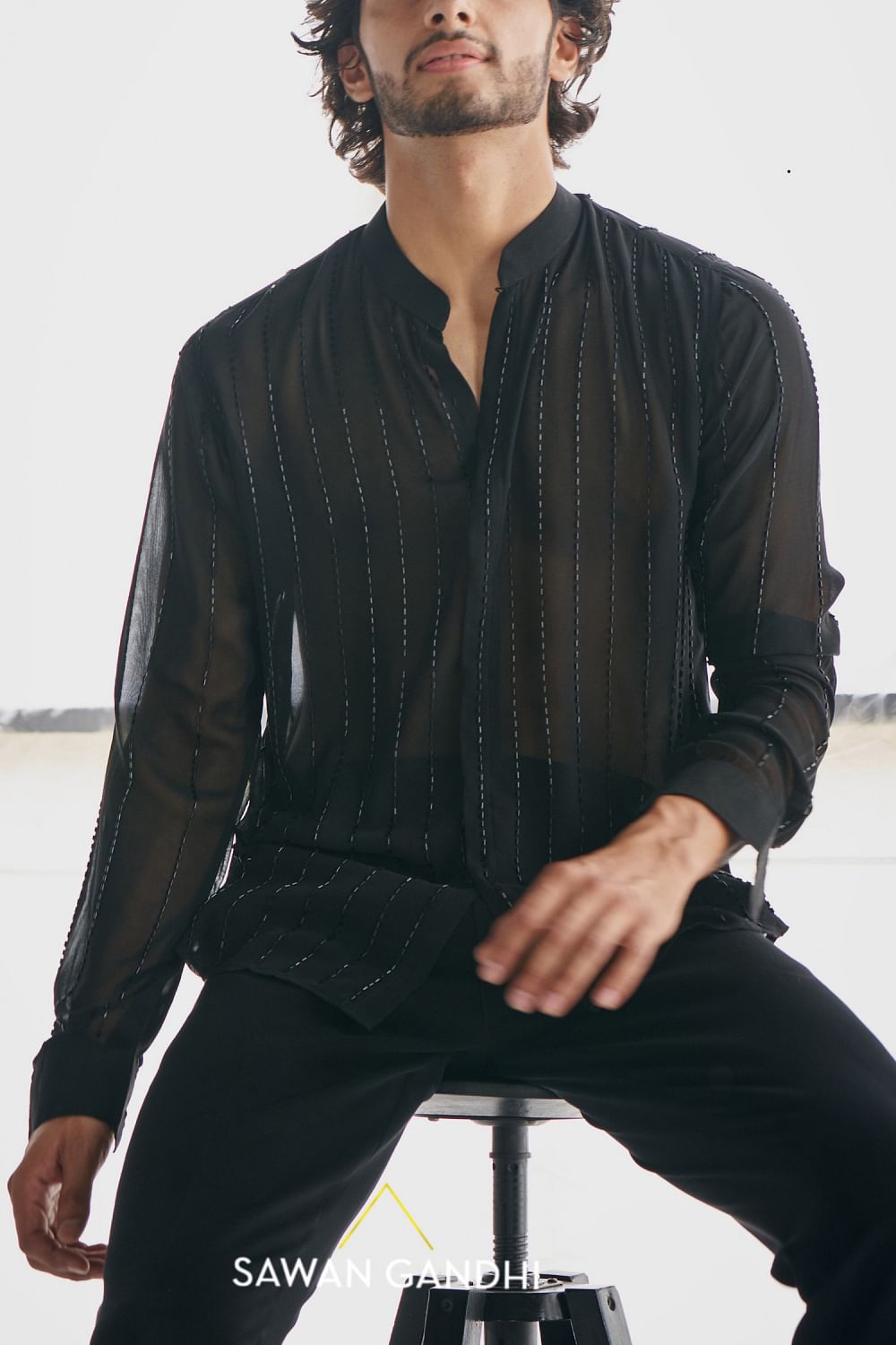 Black cutdana embellished stripe shirt