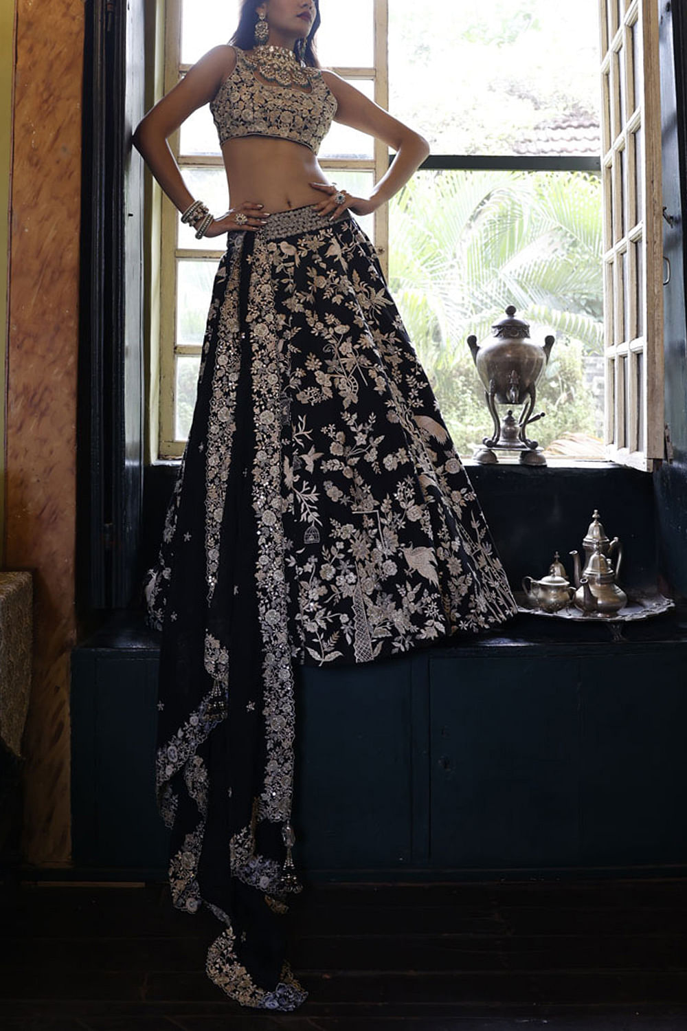 buy black floral and bird embroidery lehenga set by vikram phadnis vkfoctwd320 1