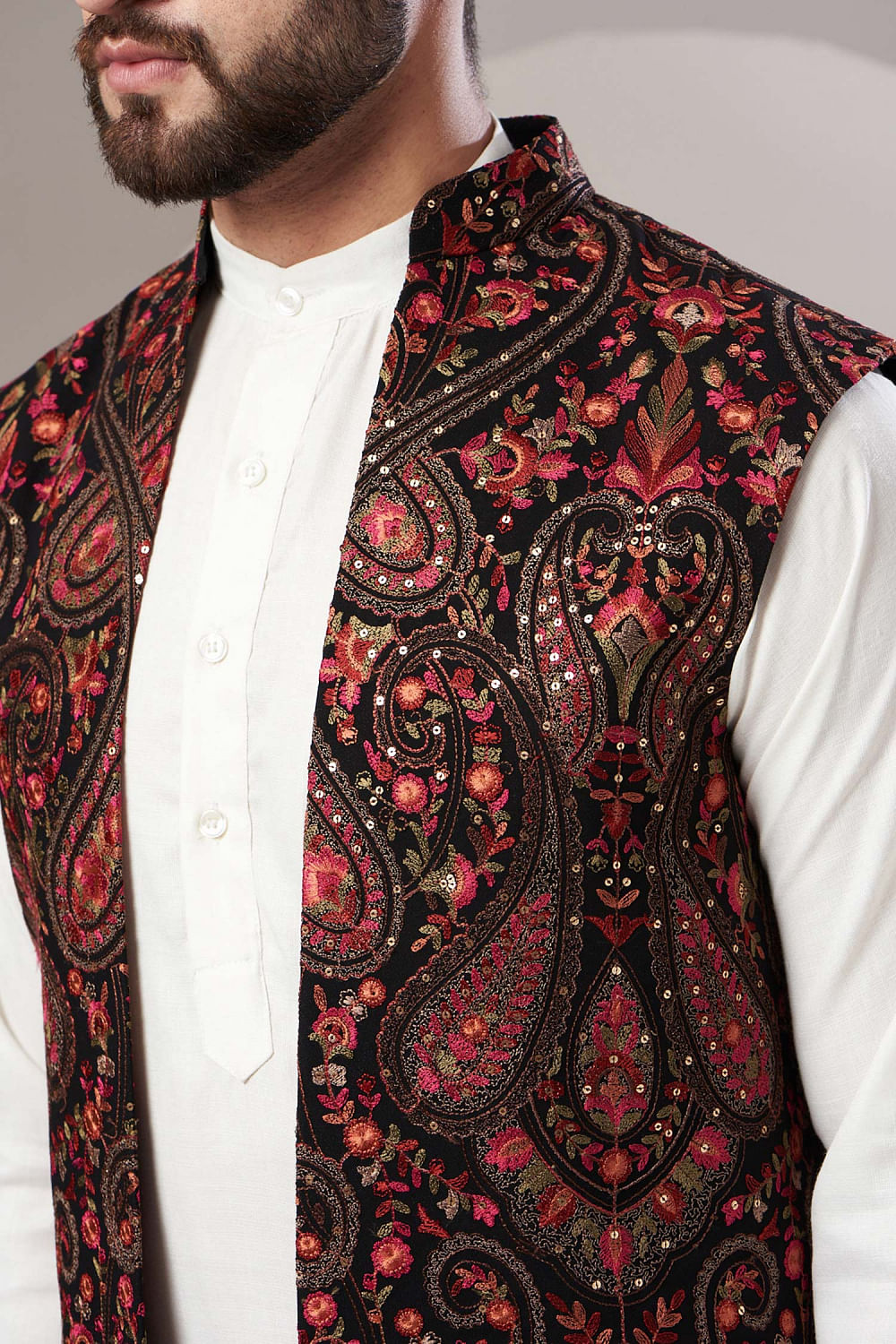 Black Floral Kashmiri Aari Embroidered Long Coat | Angad Creations