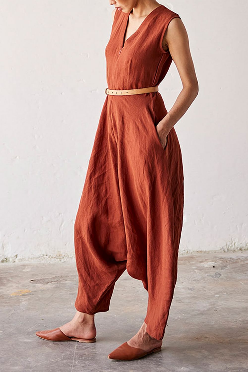 Red linen jumpsuit hotsell