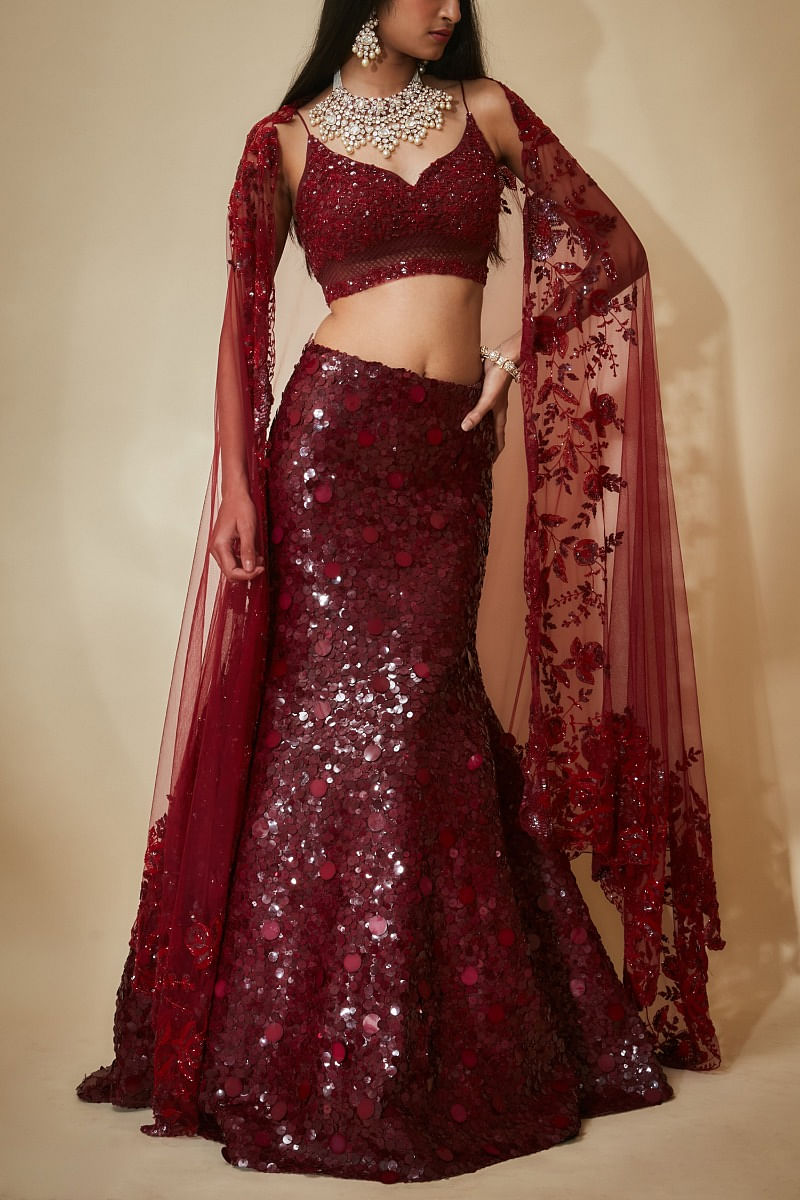 Buy Wedding Party Lehenga Choli - Maroon Thread & Sequin Lehenga Choli –  Empress Clothing