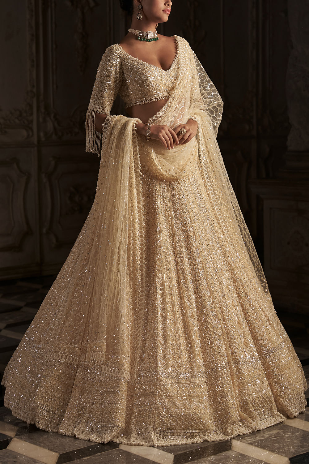 buy cream pearl and sequin embroidery lehenga set by seema gujral segsep23d22403 3