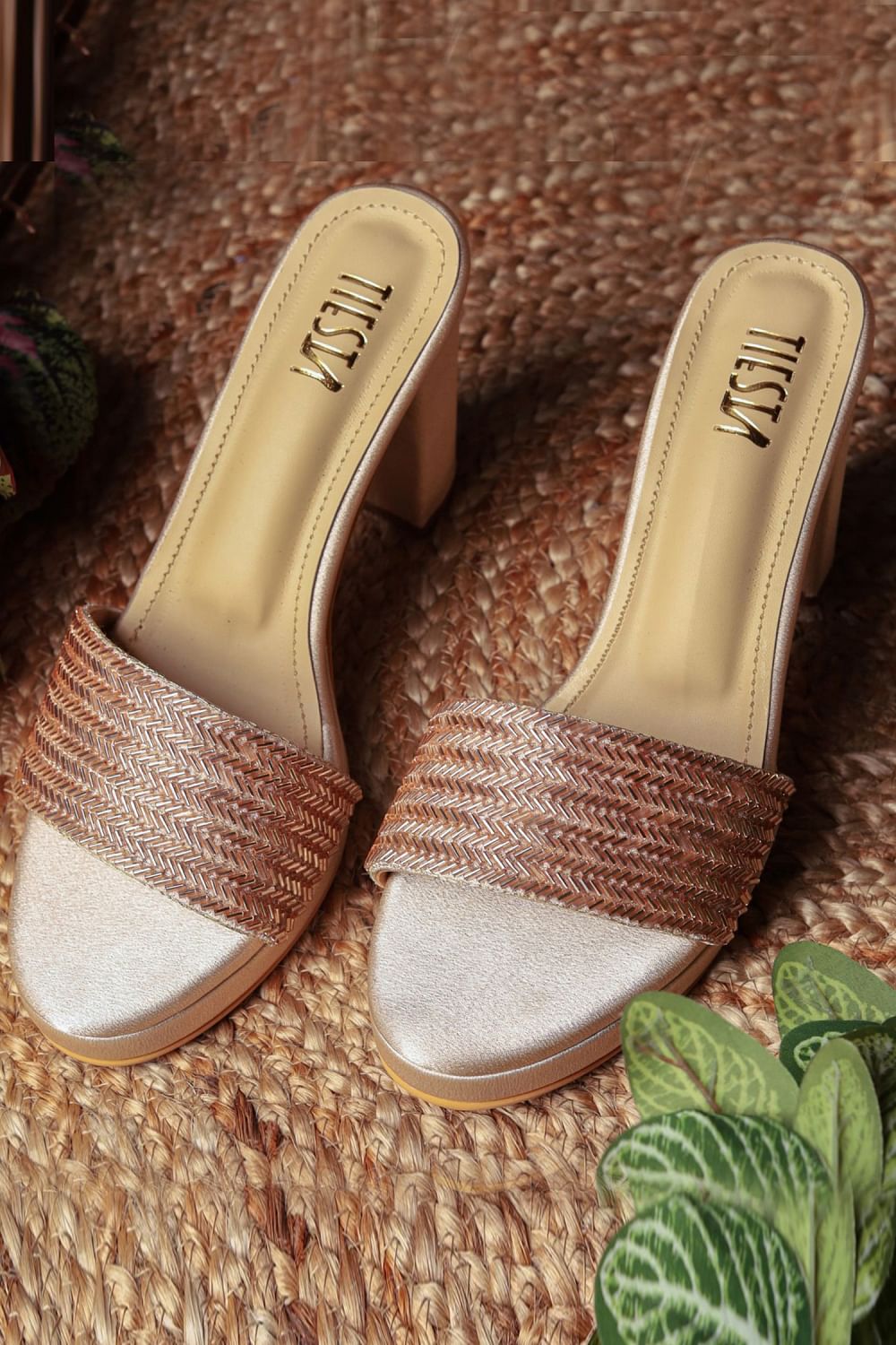 Buy Dark gold cutdana embellished block heels by Tiesta at Aashni