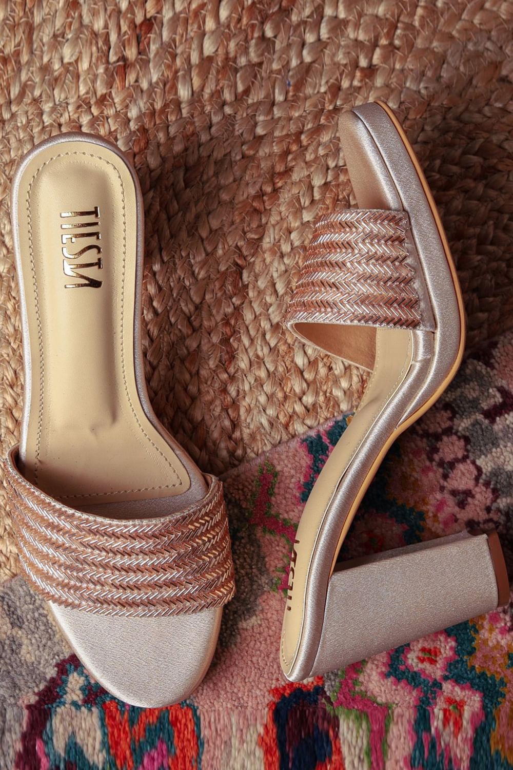 Buy Dark gold cutdana embellished block heels by Tiesta at Aashni