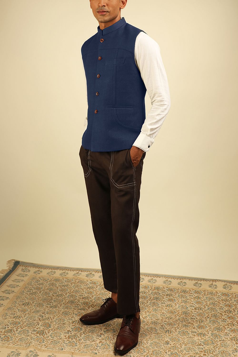 Buy Denim blue khadi Nehru jacket by Airavata at Aashni and Co