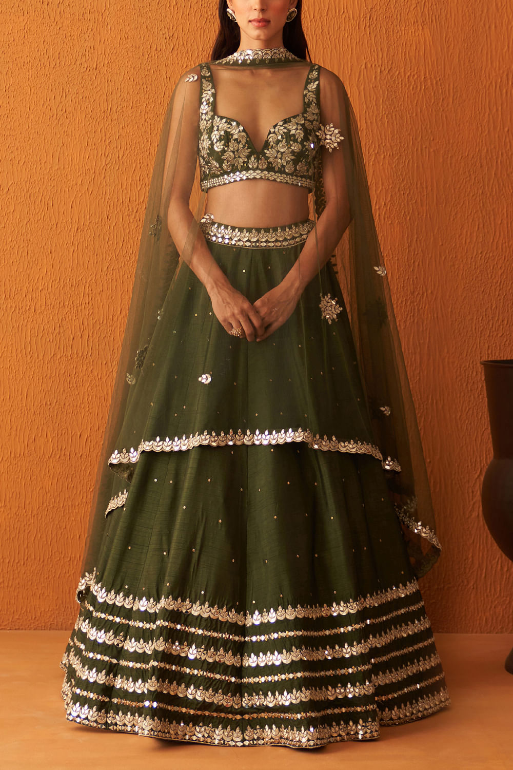Forest Green Embroidered Lehenga With Crop Top – CoutureYard
