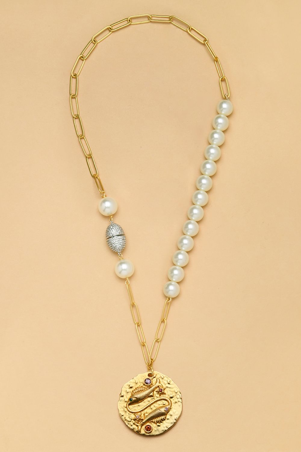 Gold diamante and pearl Pisces zodiac necklace