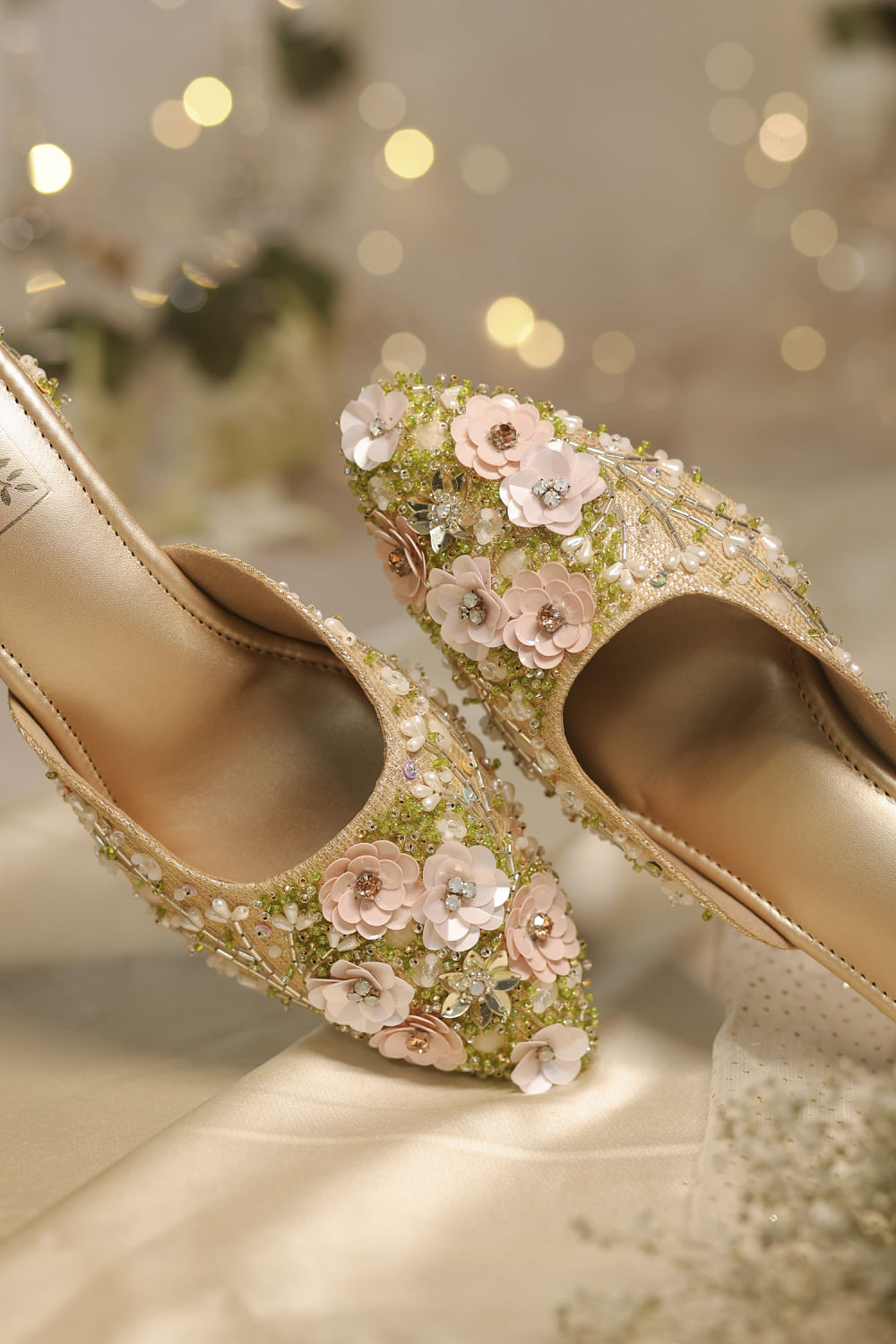 Gold floral embellished mule heels