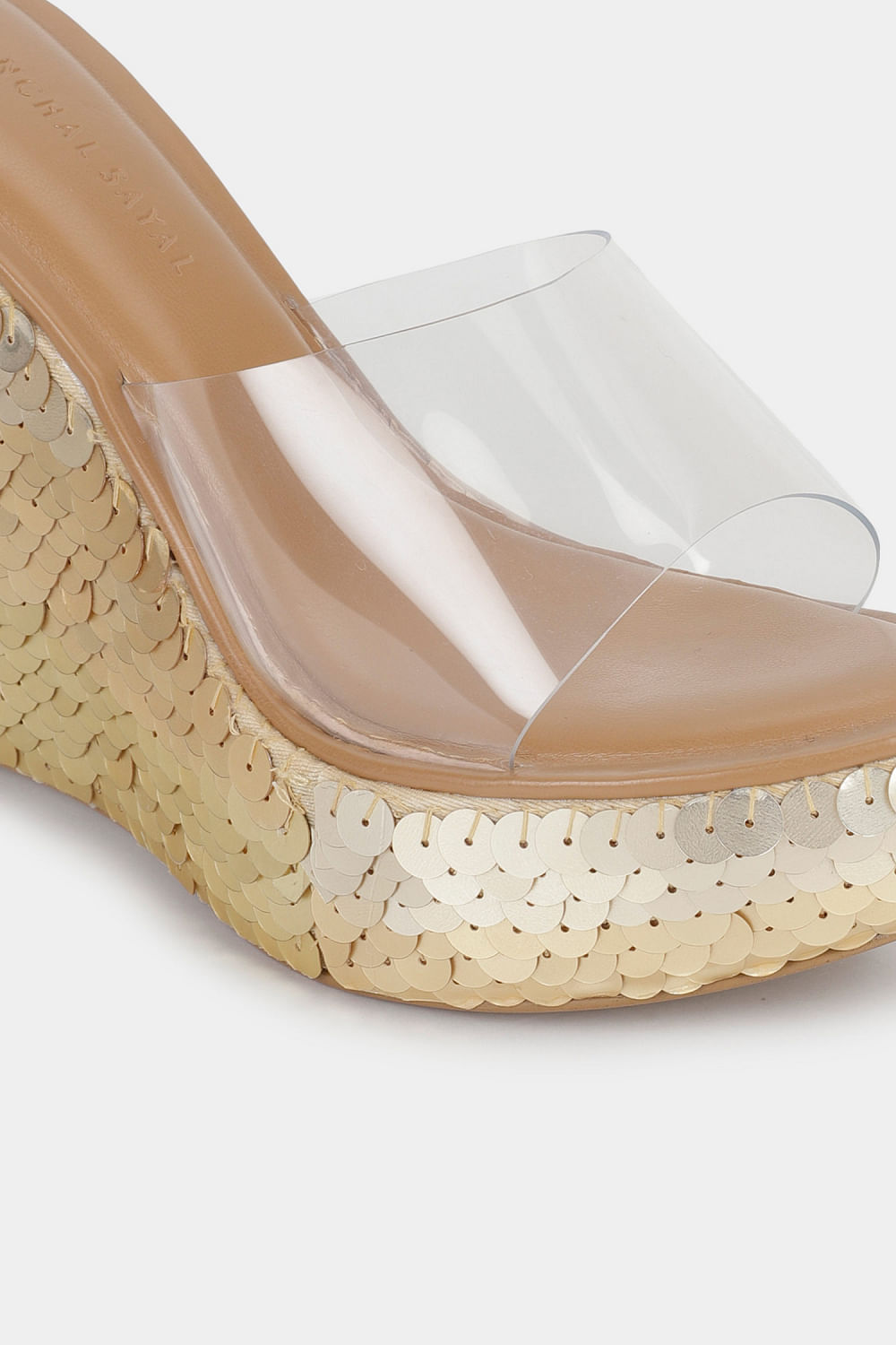 Gold sequin embellished wedges