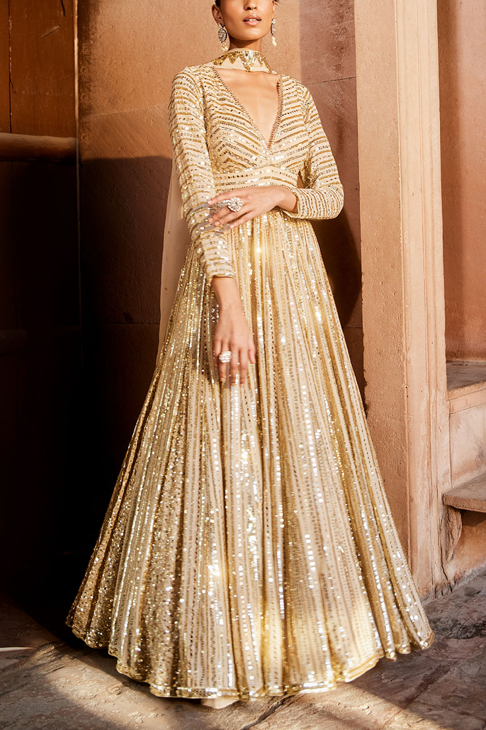 Golden Color Sangeet Wear Fancy Net Fabric Embroidered Lehenga