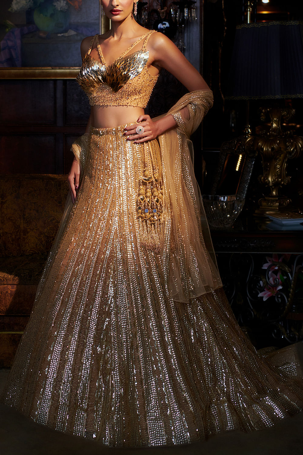 Buy Gold Swarovski crystal lehenga set by Mynah s Reynu Taandon at