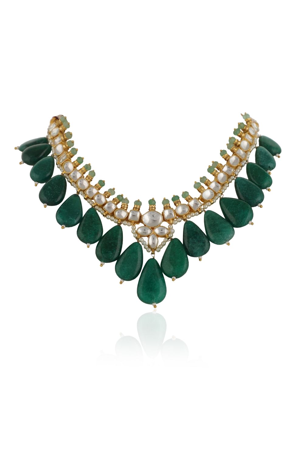 Green and white jadtar stone necklace set