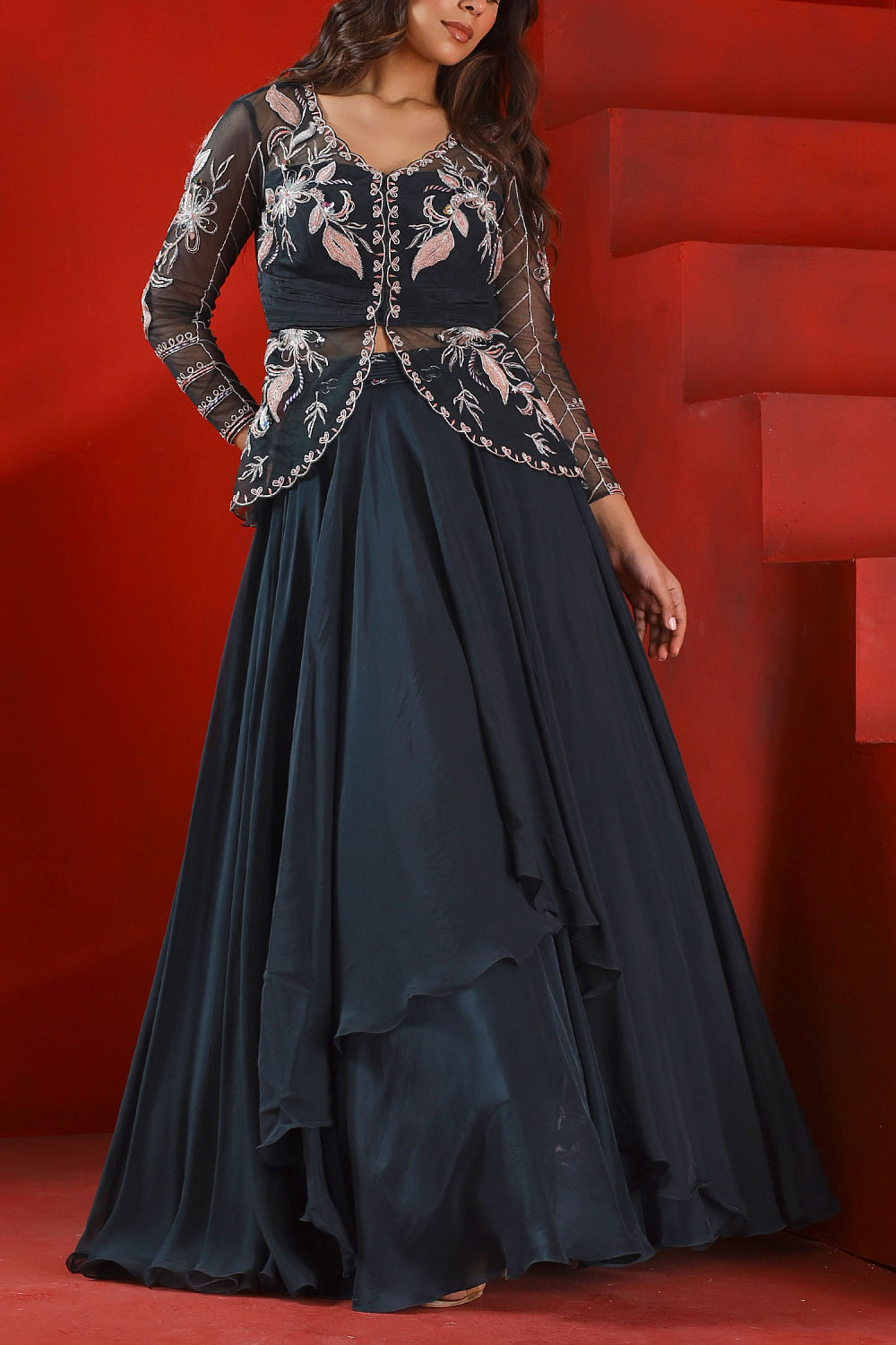 Buy Black Silk Jacket Style Lehenga With Zari Work Online - LLCV01640 |  Andaaz Fashion