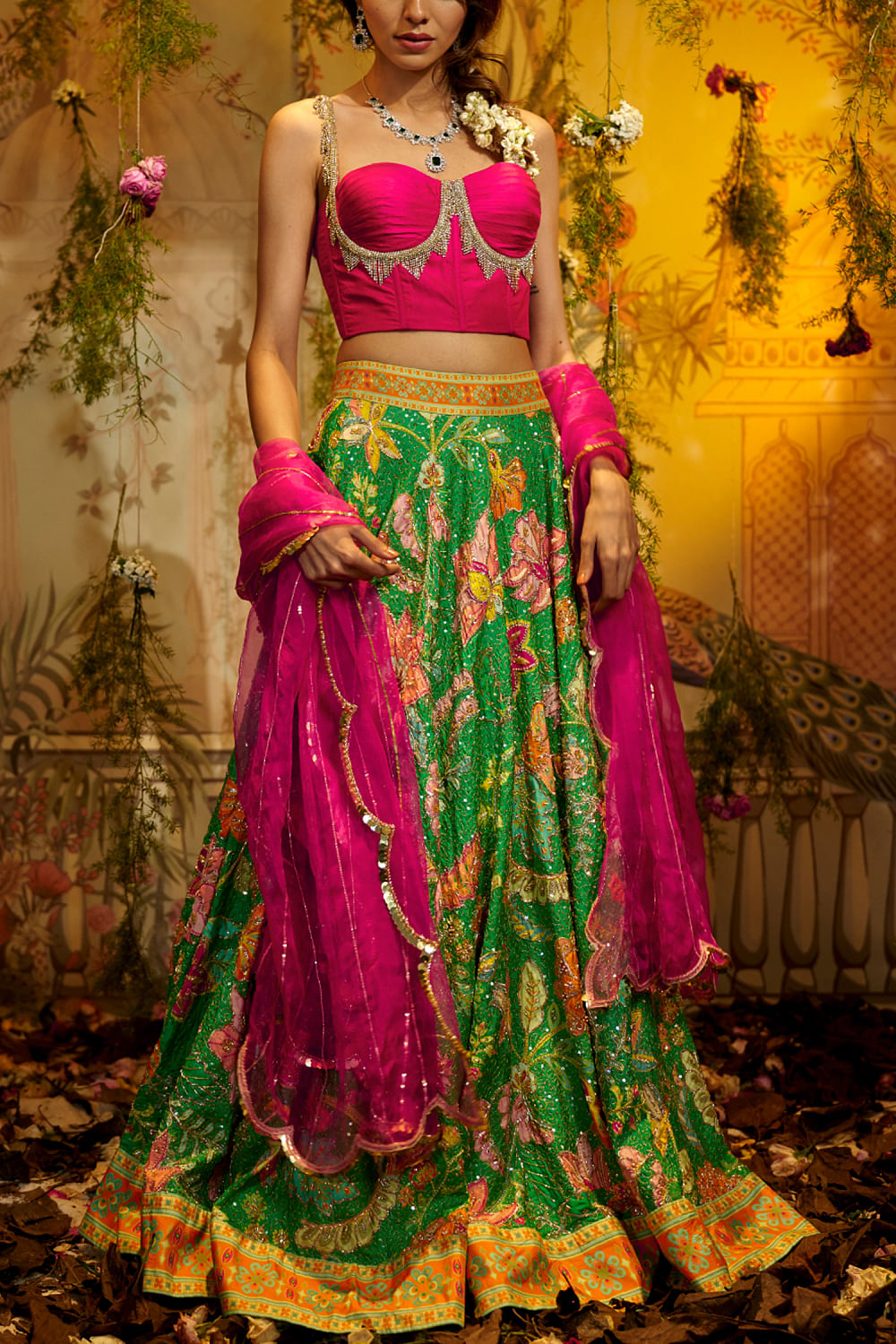 Buy Green floral embroidery corset lehenga set by Aayushi Maniar at Aashni  and Co