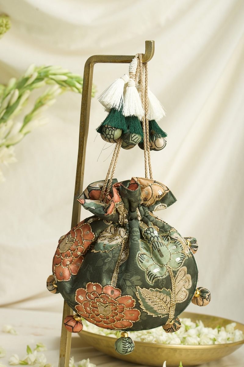 Green floral kalamkari print potli bag