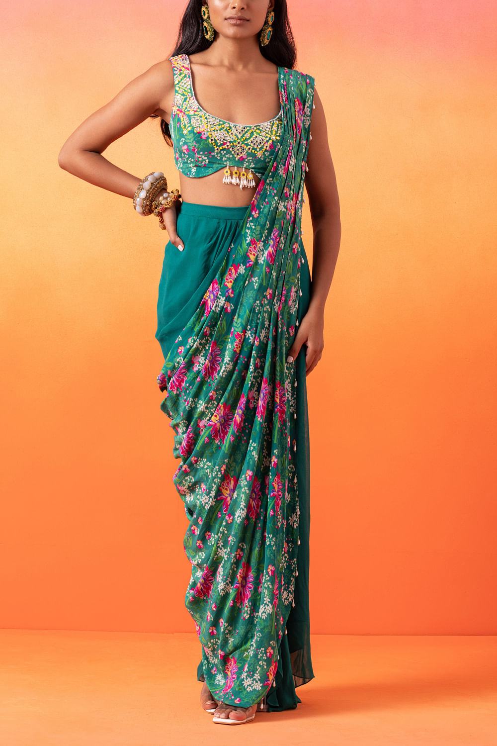 Green floral print draped skirt saree set
