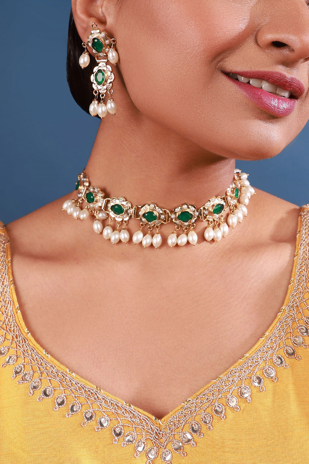 Buy Green jadau and pearl embellished choker set by Namasya at