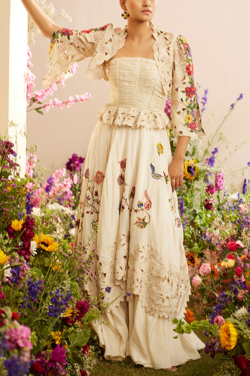 Ivory floral thread embroidery bolero jacket