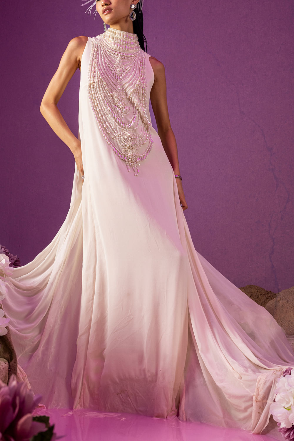 a pink evening dress with diamond necklace