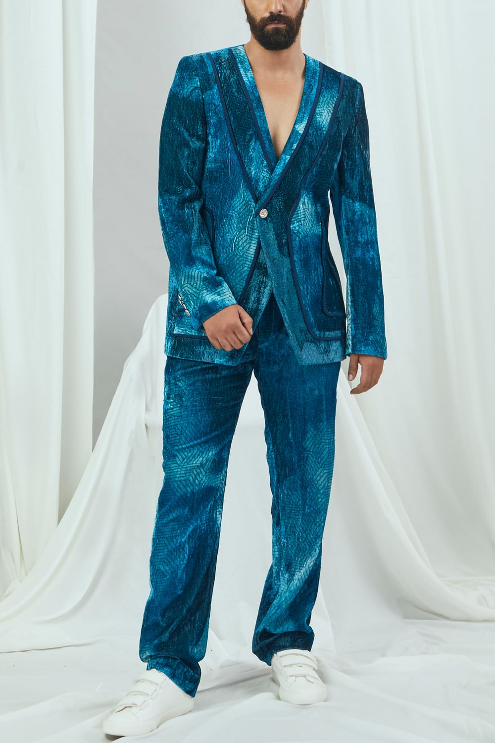 Jade blue blotched print blazer and pants