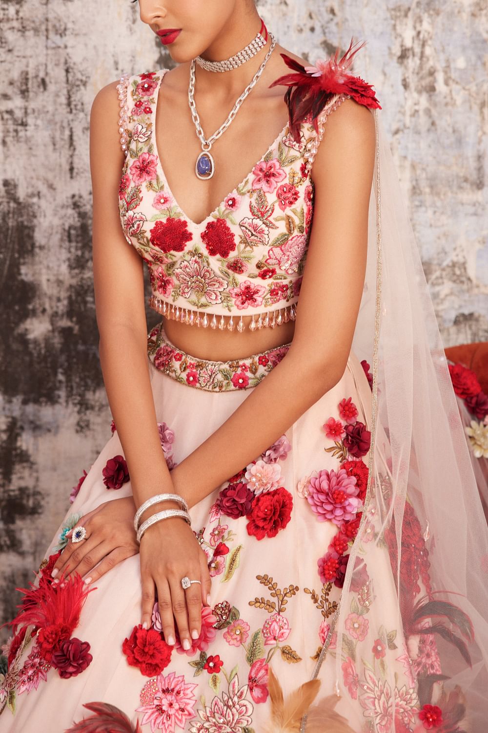 Buy Light pink 3D floral embroidery lehenga set by Varun Bahl at