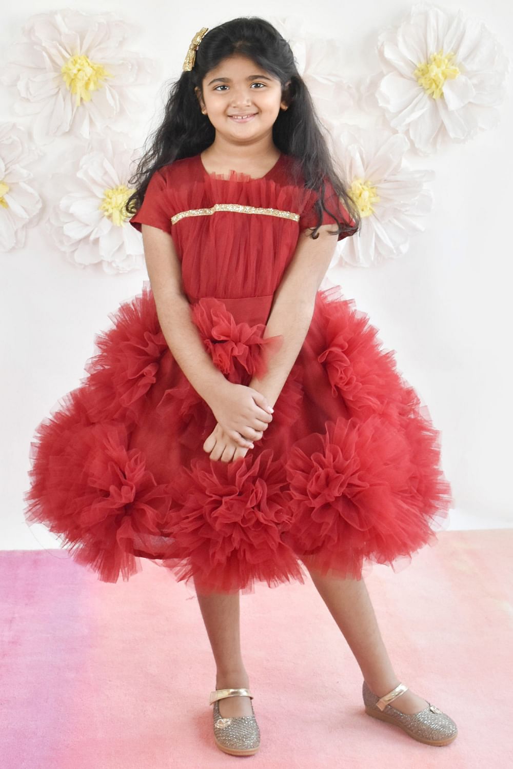 Maroon frill net frock