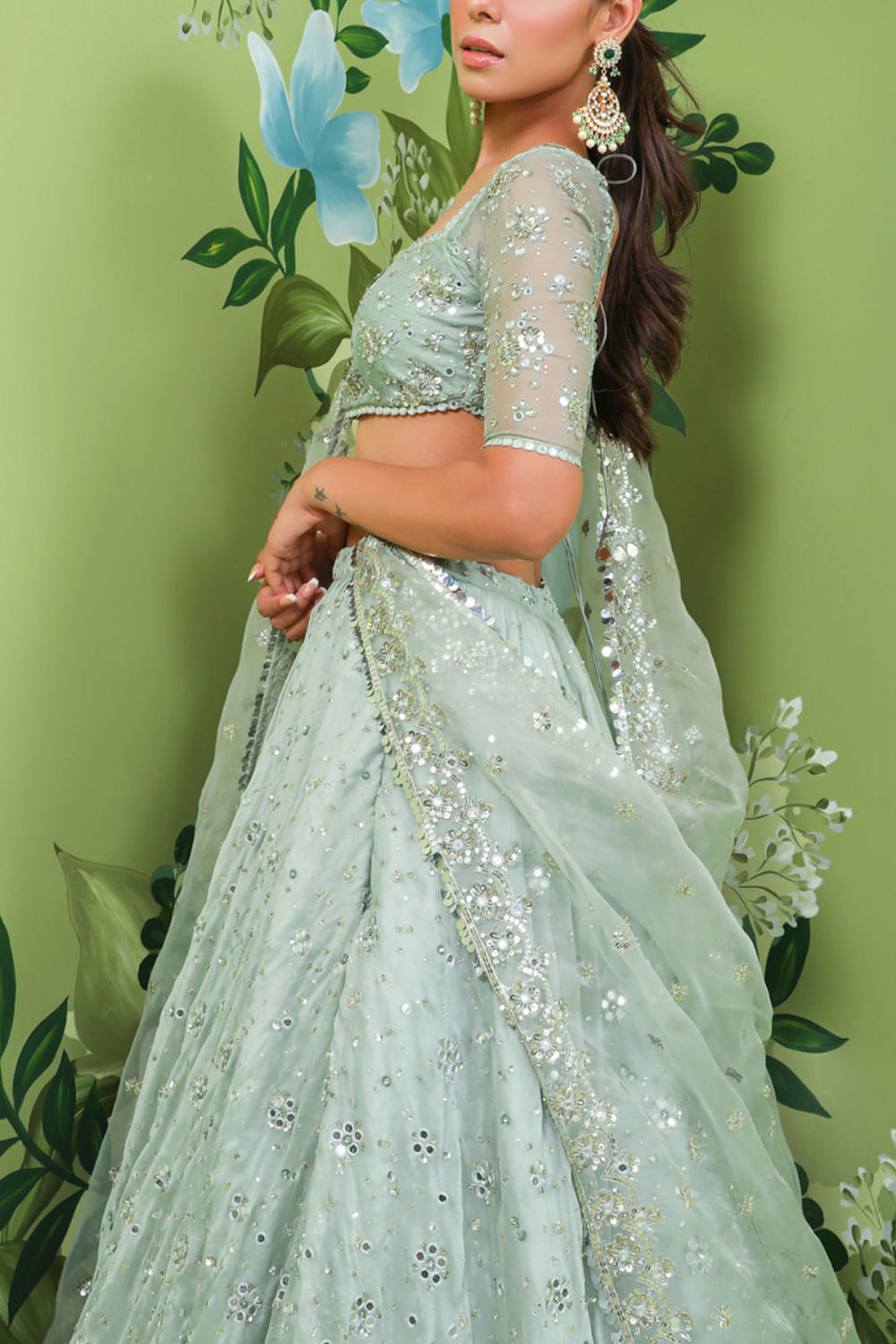 Mint Green Embroidered Net Lehenga Set - Nitika Gujral- Fabilicious Fashion