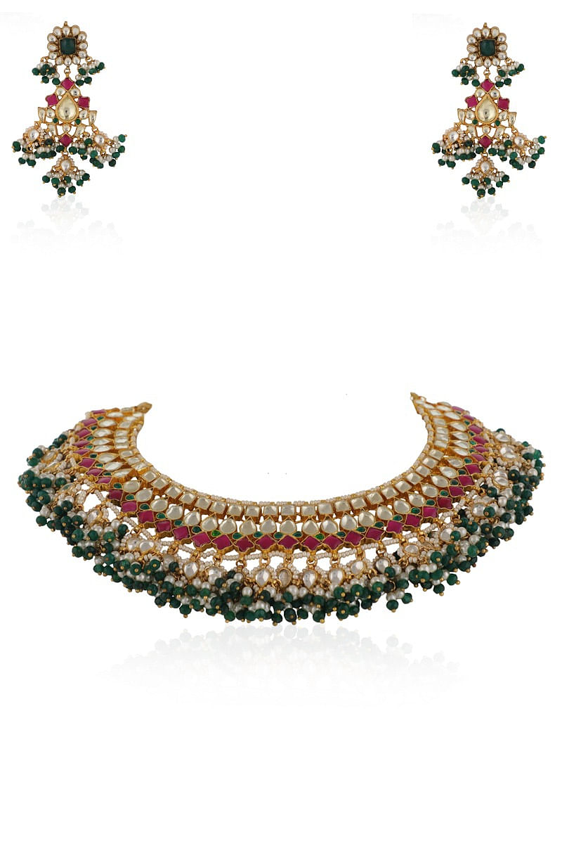 Multicolour jadtar stone necklace set