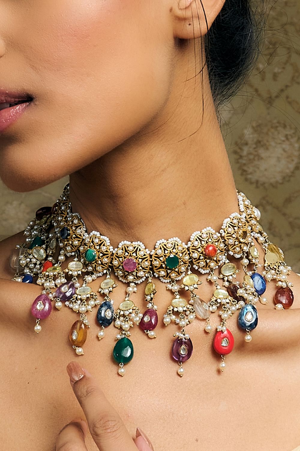 Multicolour navratna and semi precious stone embellished choker