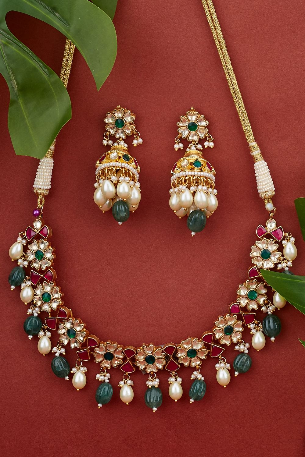 Buy Multicolour polki kundan floral necklace set by VIVINIA by
