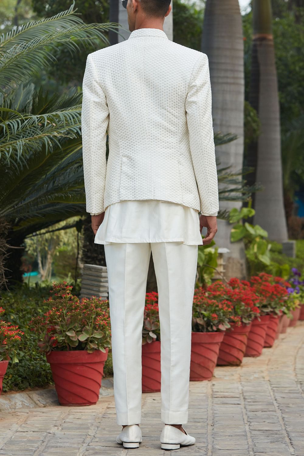 Buy Off white sequin embellished open jacket set by Bohame at
