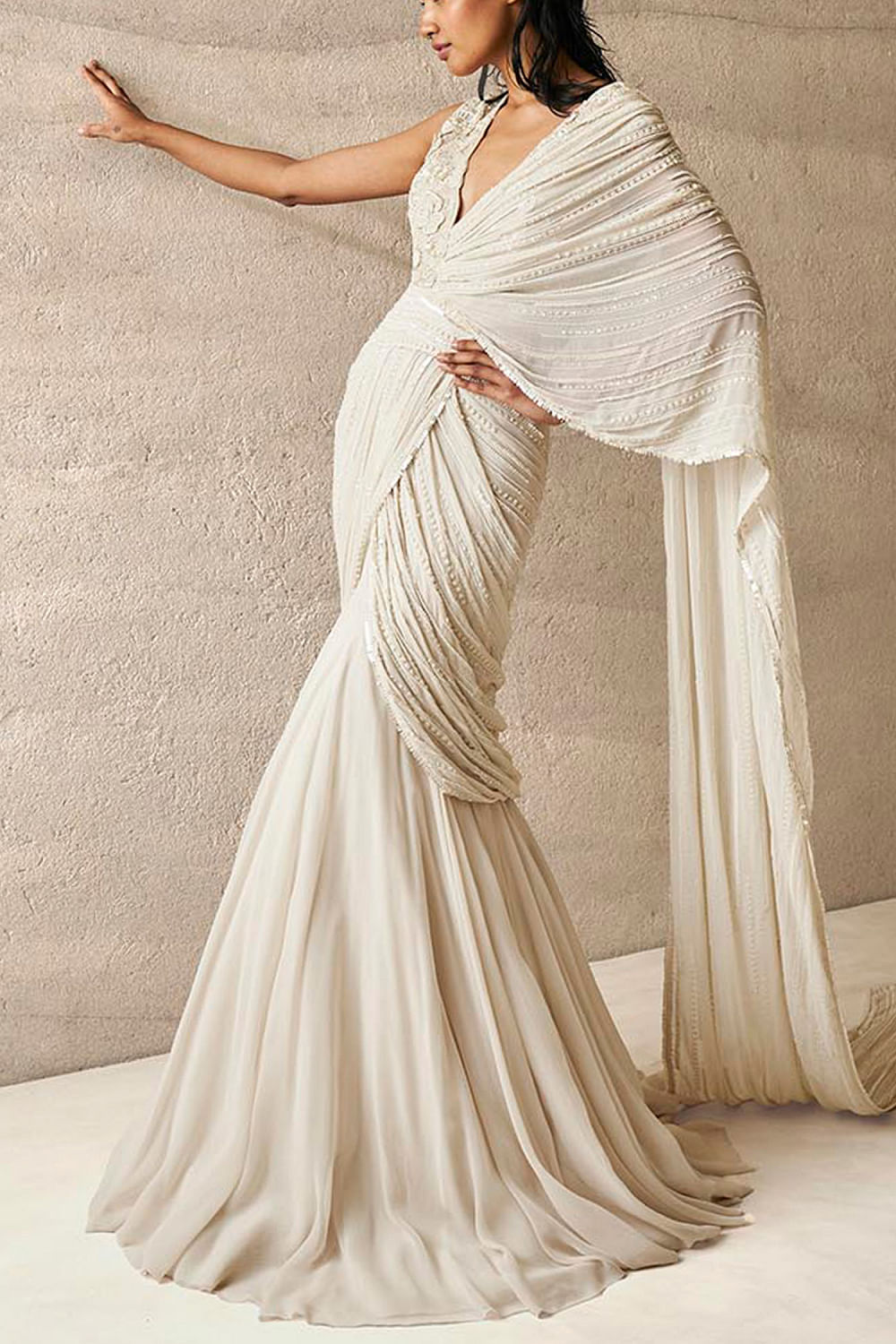 Peach Embellished Drape Saree Dress – Sejal Kamdar Designs