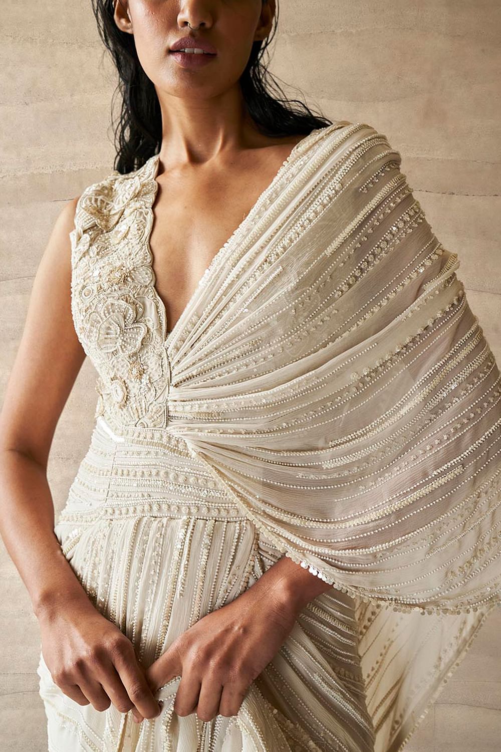 Buy Pearl ivory floral embroidery draped saree gown by Varun