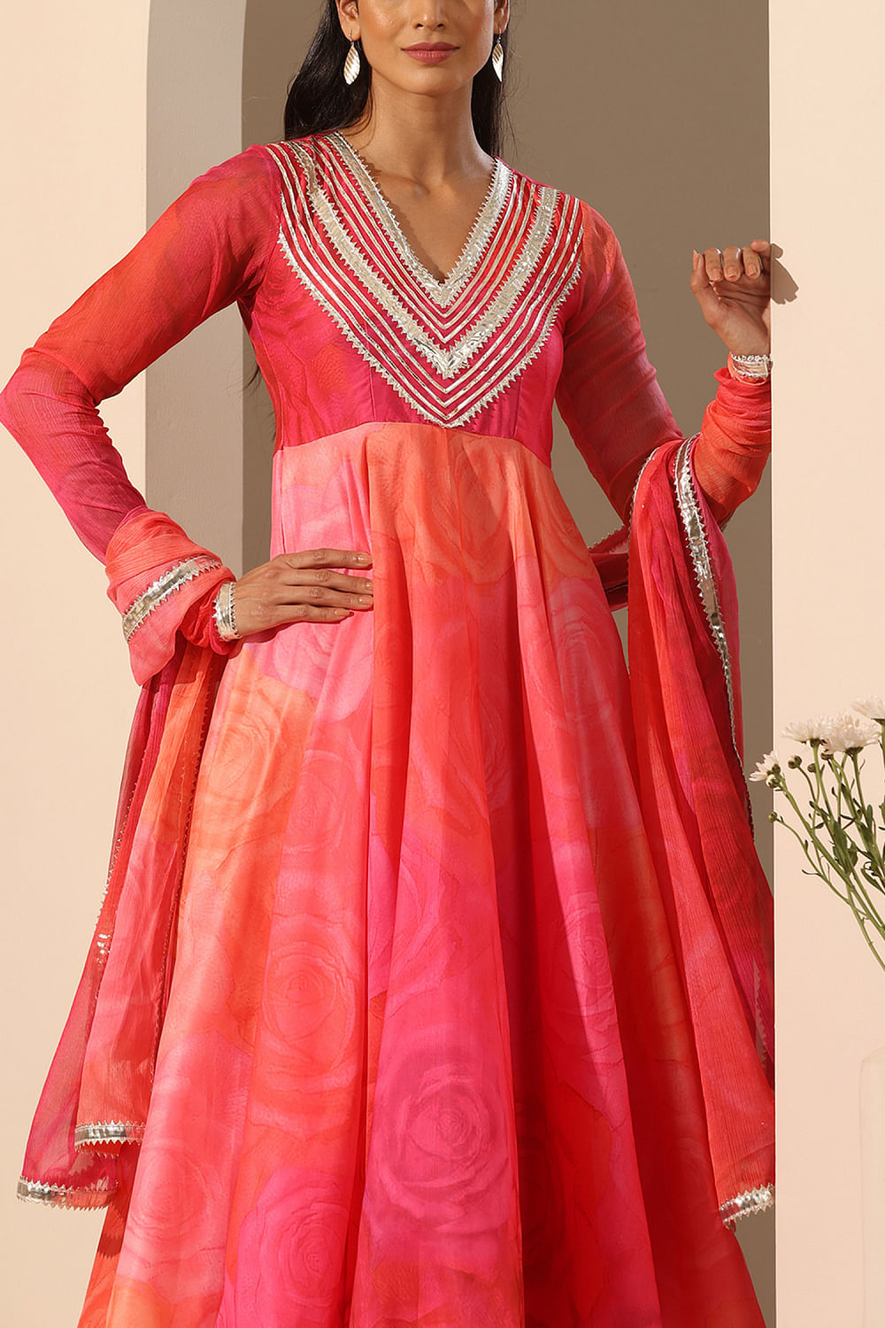 Pink floral printed anarkali set