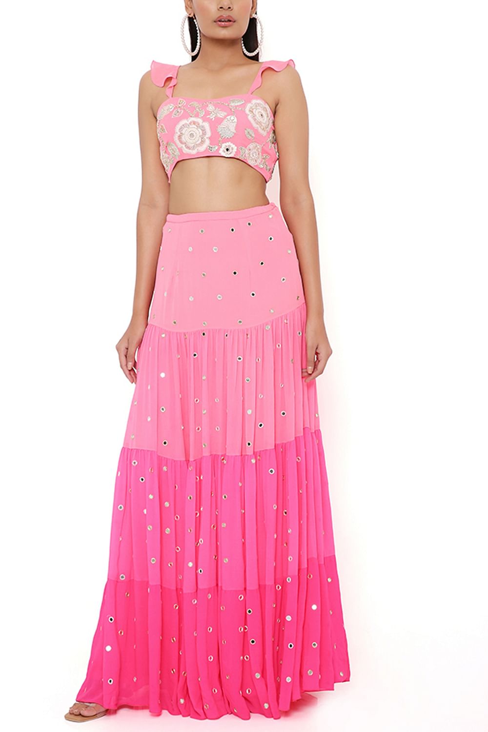 Buy Pink ombre embroidered gathered skirt set by Payal Singhal at