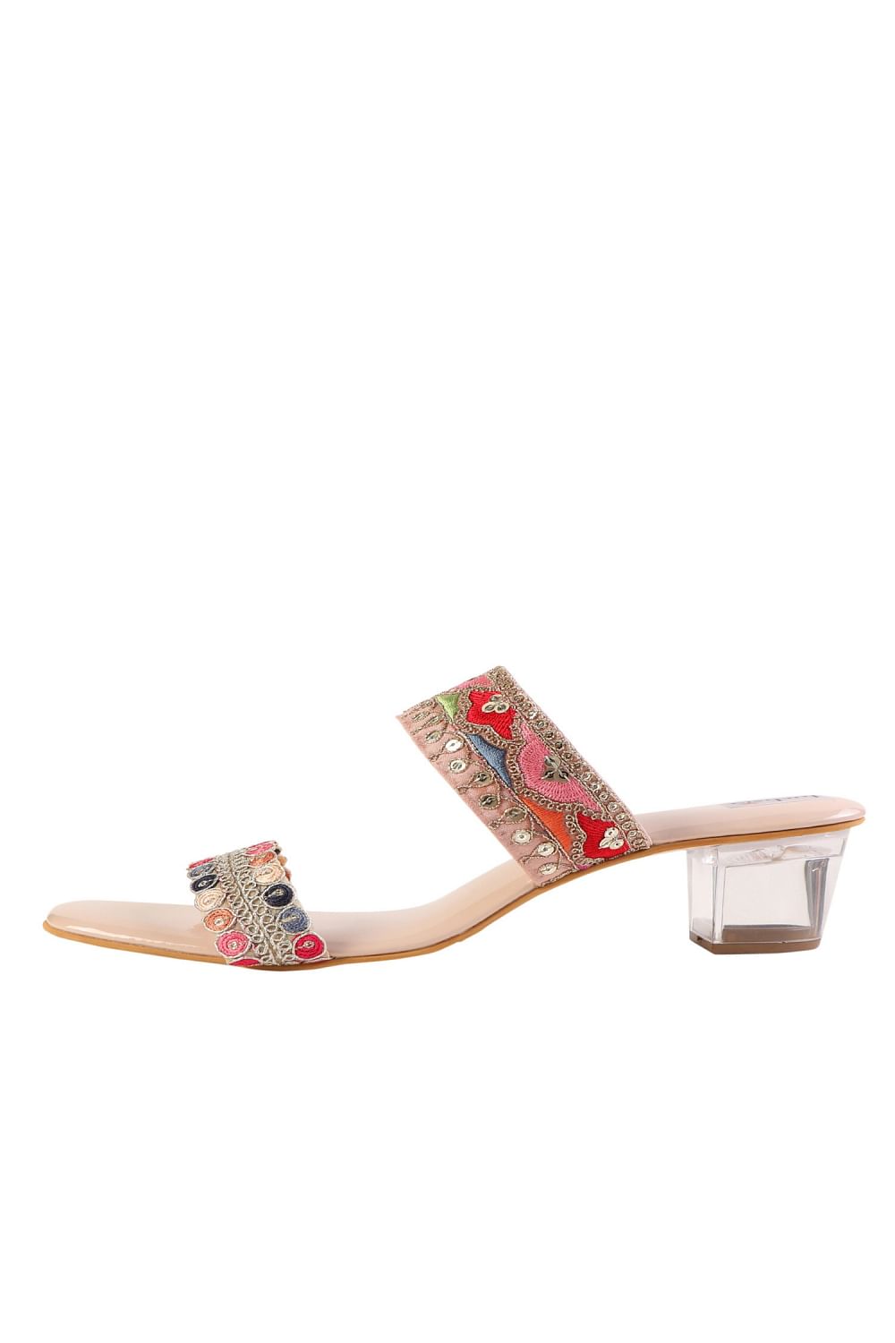 Buy Pink resham embroidery block heels by Fuchsia by Aashka Mehta