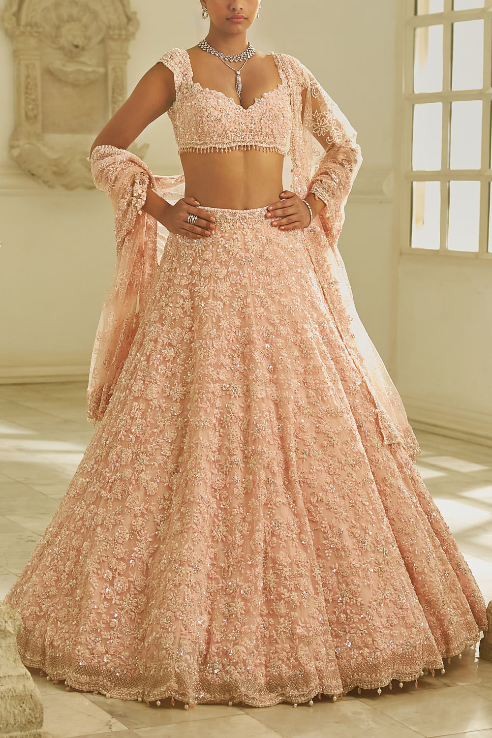 buy powder pink floral embroidery lehenga set by seema gujral segsep23d22406 1