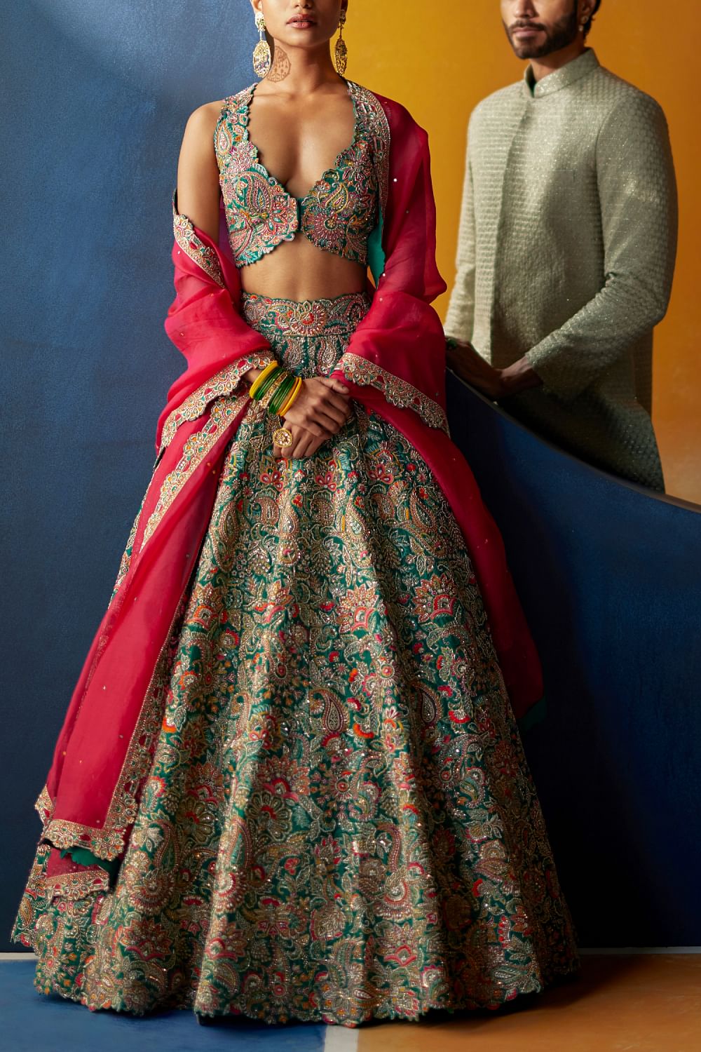 Buy Rama green zardozi embroidery lehenga set by Mrunalini Rao at