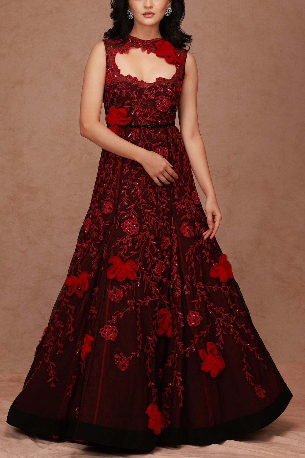 Red 3D floral embroidered tulle gown